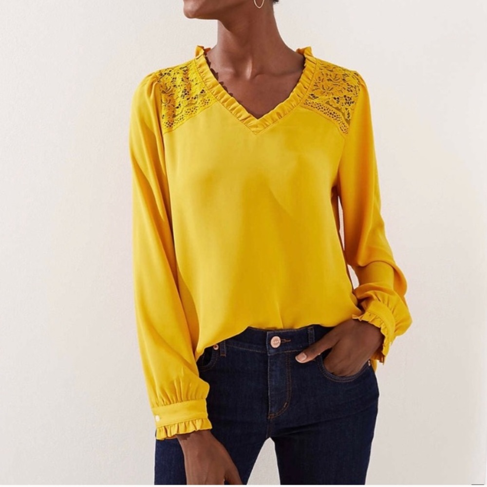 loft | golden mustard lace shoulder ruffle blouse xs